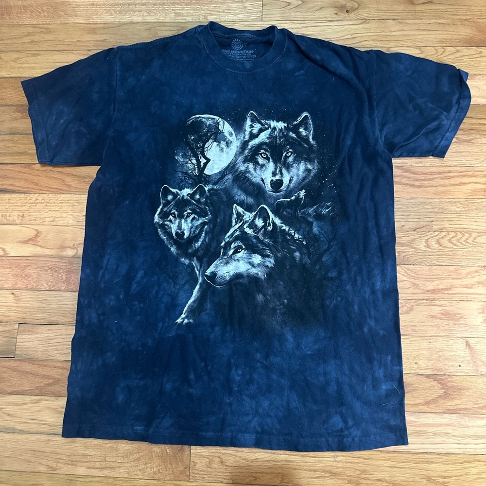 The Mountain Moon Wolves Collage Blue Tie Dye T-shirt Wolf Pack Nature Large‎